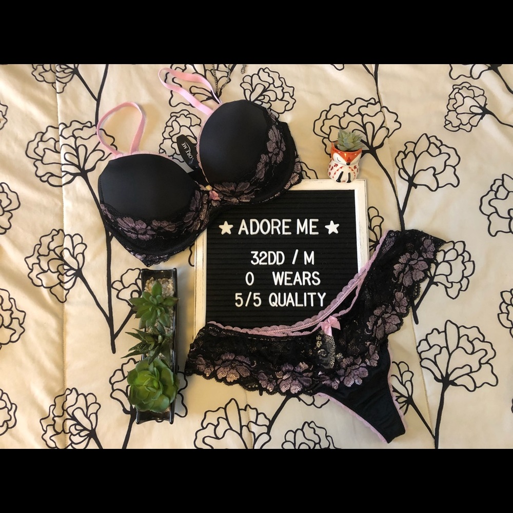 [ Adore Me ] Black & Pink Lace Bra & Pantie Set